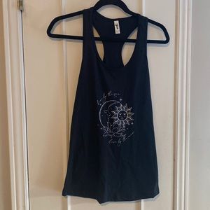 Black tank top with glittery silver design “live by the sun, love by the moon”